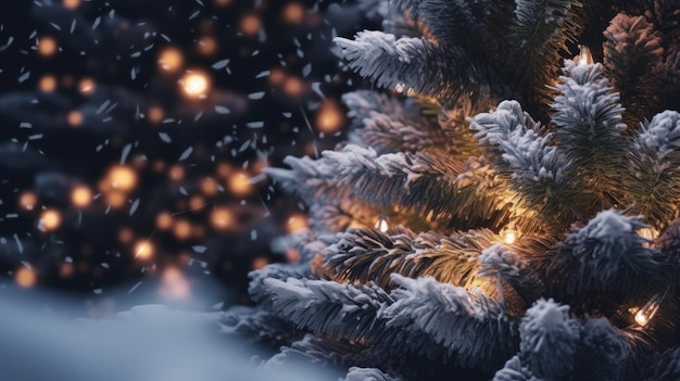 Uma árvore de natal de neve com luzes ao fundo