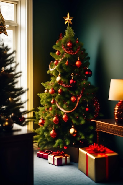 Uma árvore de natal é decorada com bolas vermelhas e uma caixa de presente.