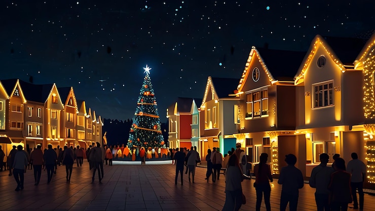 Foto uma árvore de natal é iluminada à noite com pessoas na frente dela