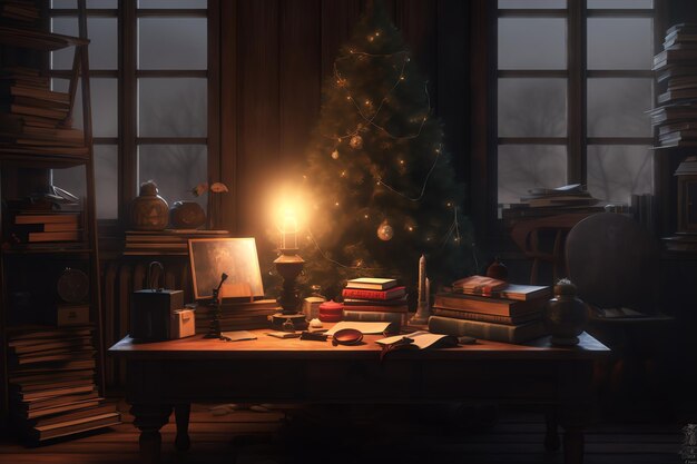 Uma árvore de natal é iluminada em um quarto escuro com uma árvore de natal iluminada