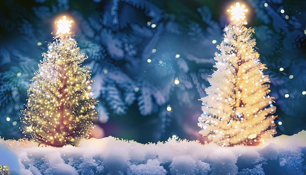 Uma árvore de natal é iluminada na neve com as palavras natal ao fundo.