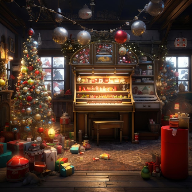 uma árvore de Natal está numa sala com um piano e muitos ornamentos de Natal ao redor da sala