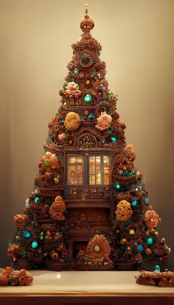 Uma árvore de natal feita de chocolate e decorada com biscoitos.