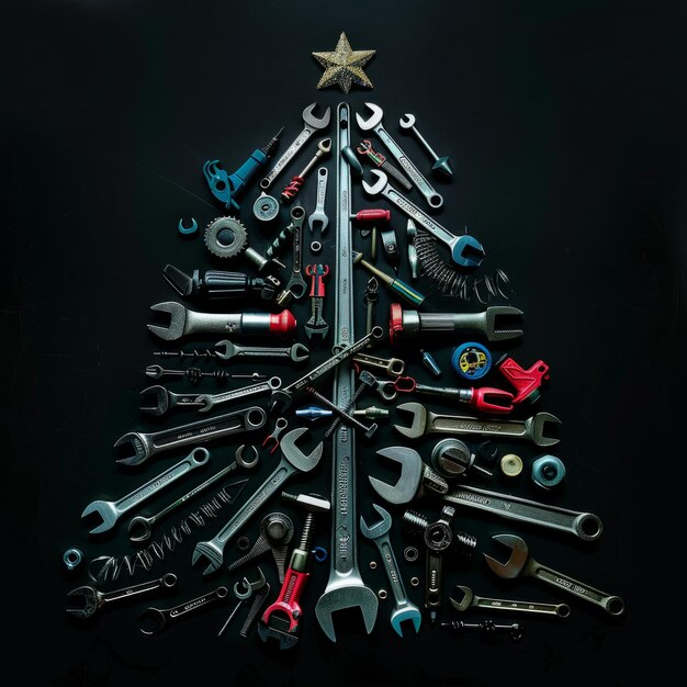 uma árvore de Natal feita de ferramentas e ferramentas é mostrada em um fundo preto