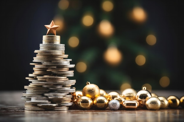 Uma árvore de Natal festiva feita de uma pilha de moedas Conceito de custo e orçamento de Natal