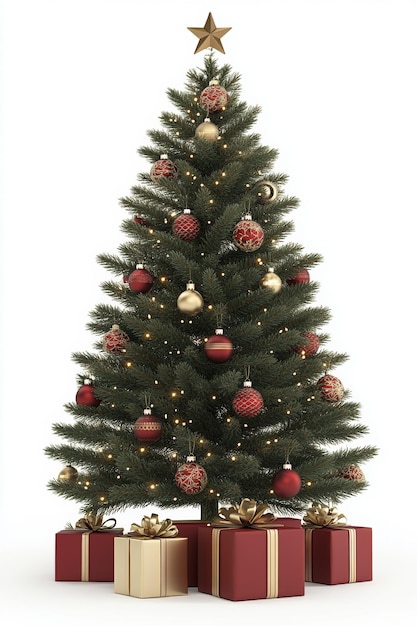 Uma árvore de Natal lindamente decorada, adornada com ornamentos vermelhos e dourados, fica em destaque com presentes embrulhados na sua base sobre um fundo branco