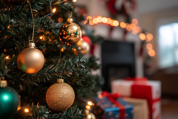 Uma árvore de Natal lindamente decorada com ornamentos e presentes