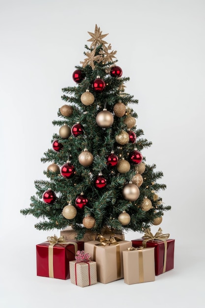 Uma árvore de Natal lindamente decorada com ornamentos vermelhos e dourados e presentes embrulhados debaixo dela em um fundo branco