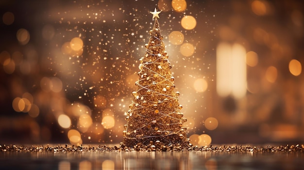 Uma árvore de Natal lindamente decorada e adornada com luzes cintilantes cercadas por um bokeh dourado