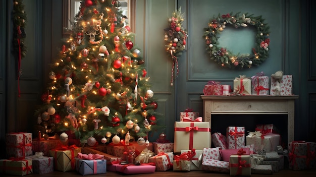 Uma árvore de Natal lindamente decorada em uma aconchegante sala de estar