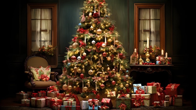 Uma árvore de Natal lindamente decorada em uma aconchegante sala de estar
