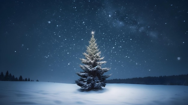 Uma árvore de natal na neve com um céu estrelado ao fundo.