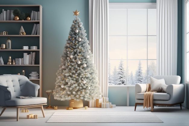 Uma árvore de Natal no canto da sala de estar