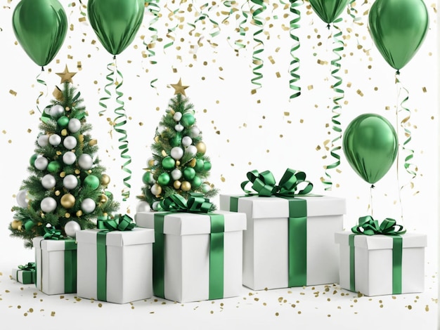 uma árvore de Natal verde e branca com uma fita verde e uma fita verde