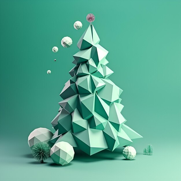 Uma árvore de natal verde feita de triângulos e enfeites.