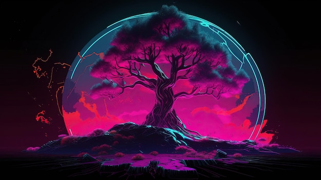 Uma árvore de néon na frente de um planeta