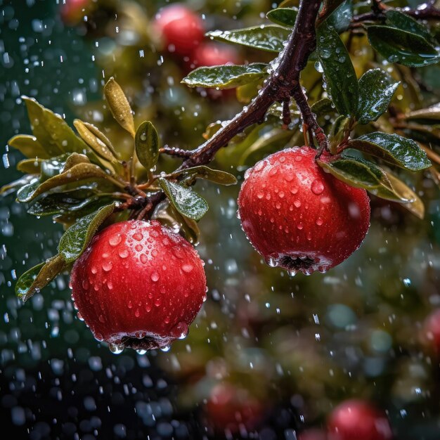 Uma árvore de romã vermelha com chuva cai sobre ela