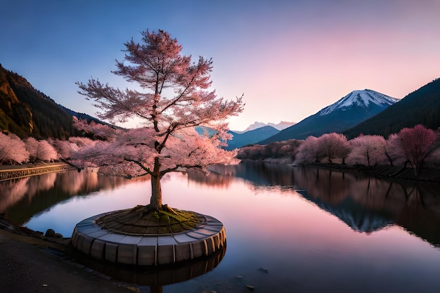 Uma árvore em frente a um lago com uma montanha ao fundo