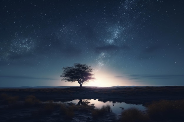 Uma árvore em um campo com a Via Láctea ao fundo