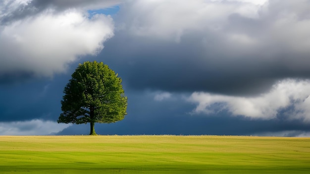 Uma árvore em um campo com céu nublado