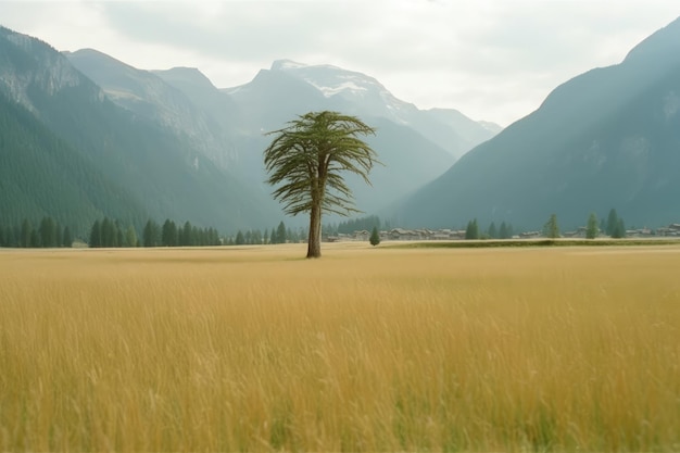 Uma árvore em um campo com montanhas ao fundo