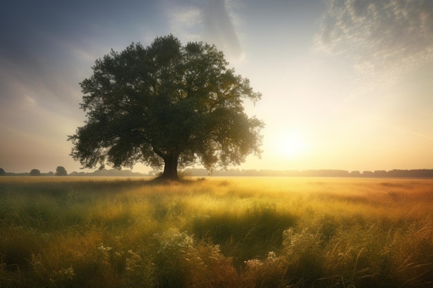 Uma árvore em um campo com o pôr do sol
