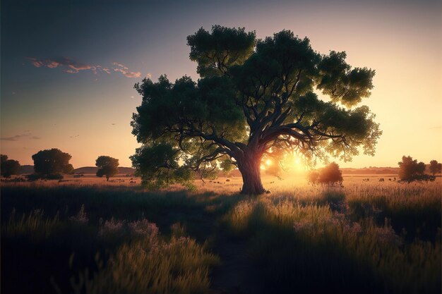 Uma árvore em um campo com o sol brilhando através das nuvens