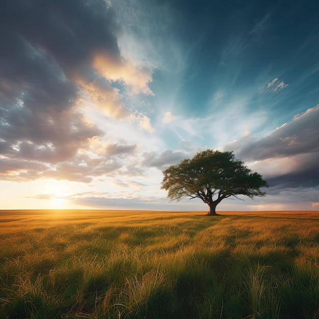 Uma árvore em um campo com o sol se pondo atrás dela