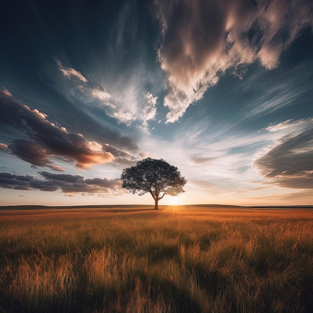 Uma árvore em um campo com o sol se pondo atrás dela