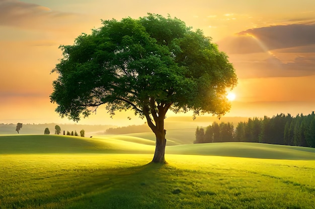 Uma árvore em um campo com o sol se pondo atrás dela