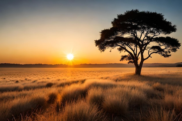 Uma árvore em um campo com o sol se pondo atrás dela