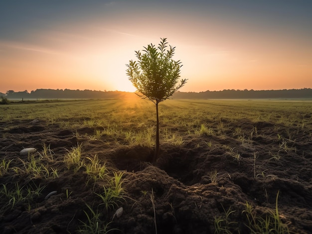 Uma árvore em um campo com o sol se pondo atrás dela