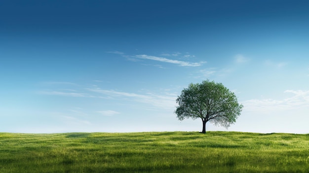 Uma árvore em um campo com um céu azul ao fundo