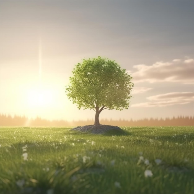 Uma árvore em um campo com um pôr do sol ao fundo