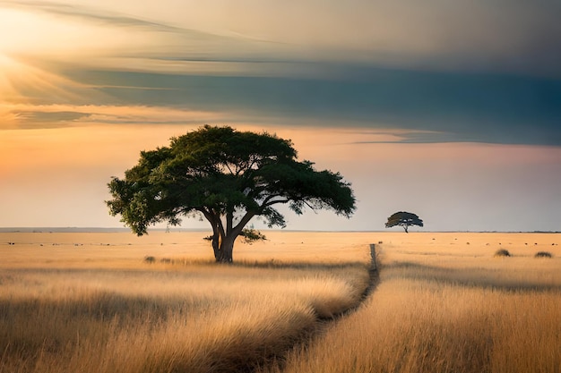 Uma árvore em um campo com um pôr do sol ao fundo