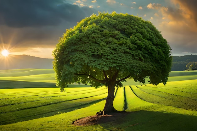 Uma árvore em um campo com um pôr do sol atrás dela