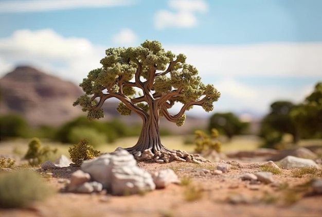 uma árvore em um campo de rochas no Arizona no estilo de fotografia tiltshift