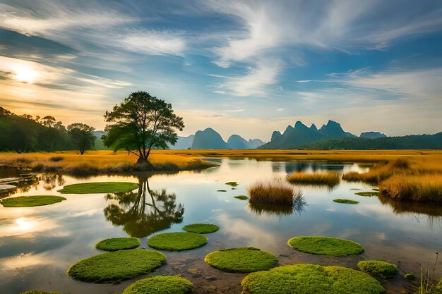 uma árvore em um lago com montanhas ao fundo