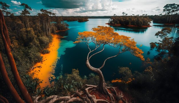 Foto uma árvore em um penhasco com um lago ao fundo