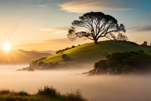 Uma árvore em uma colina com neblina ao fundo