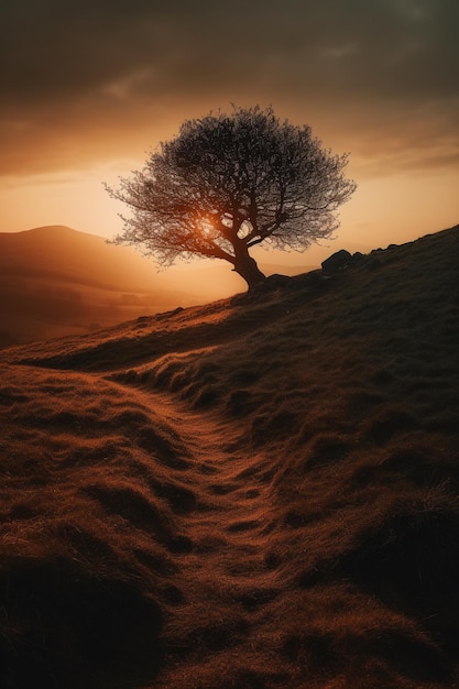 Uma árvore em uma colina com o sol brilhando por entre as nuvens