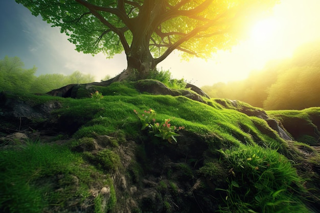 Uma árvore em uma colina com o sol brilhando sobre ela