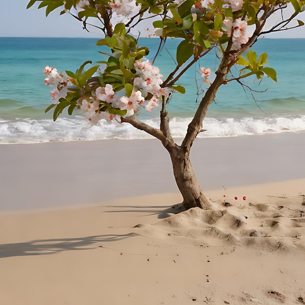 uma árvore em uma praia com o oceano ao fundo