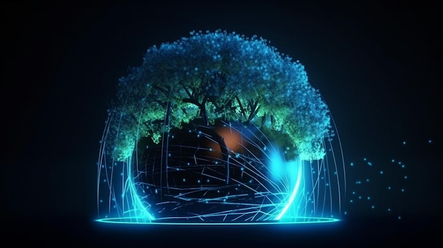 Uma árvore está brotando em uma bola de circuito digital Confluência de IA generativa digital e tecnológica com luz azul e fundo de rede wireframe