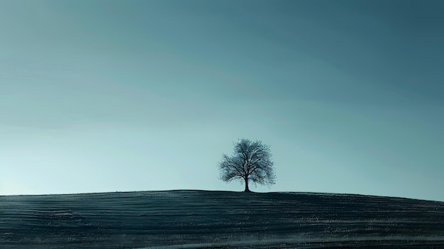 uma árvore está em um campo com um fundo de céu