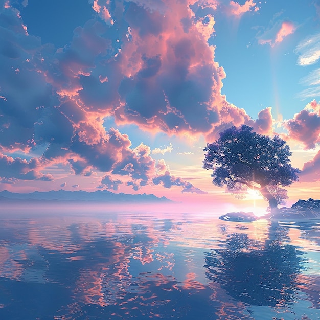 Foto uma árvore está na água com um pôr-do-sol no fundo