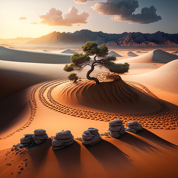 Foto uma árvore está no deserto com as montanhas ao fundo