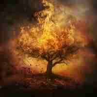 Foto uma árvore está queimando em um fogo com um fogo queimando no fundo