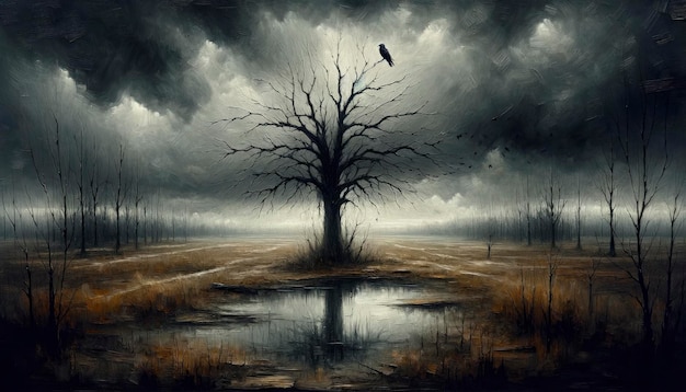 Uma árvore estéril em um cenário sombrio enfatizando o vazio e a desolação muitas vezes associados à depressão AI Generative