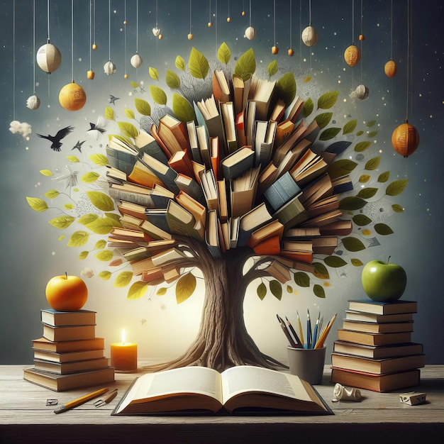 Foto uma árvore feita de livros e maçãs senta-se na mesa